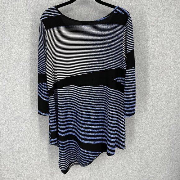 Clara Sun Woo Tunic Top Size S Blue Black Stripe Stretch Asymmetrical Hem Artsy - Picture 4 of 11